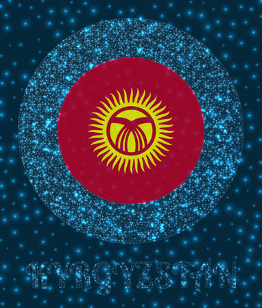 Round Kyrgyzstan badge. Flag of Kyrgyzstan in glowing network mesh style. Country network logo. Authentic vector illustration.のイラスト素材