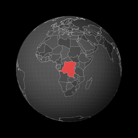 Dark globe centered to DR Congo. Country highlighted with red color on world map. Satellite world projection. Cool vector illustration.のイラスト素材