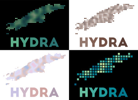 Hydra map. Collection of map of Hydra in dotted style. Borders of the island filled with rectangles for your design. Vector illustration.のイラスト素材