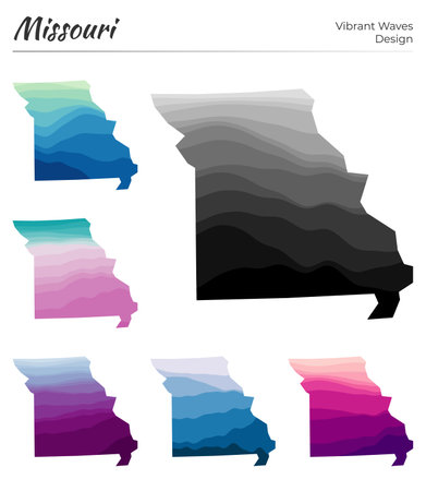 Set of vector maps of Missouri. Vibrant waves design. Bright map of us state in geometric smooth curves style. Multicolored Missouri map for your design. Captivating vector illustration.のイラスト素材