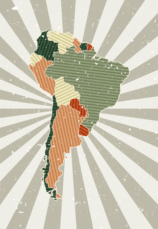 South America vintage map. Grunge poster with map of the continent in retro color palette. Shape of South America with sunburst rays background. Vector illustration.のイラスト素材