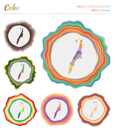 Cebu logo collection. Colorful logo of the island. Unique layered dynamic frames around Cebu border shape. Vector illustration.のイラスト素材