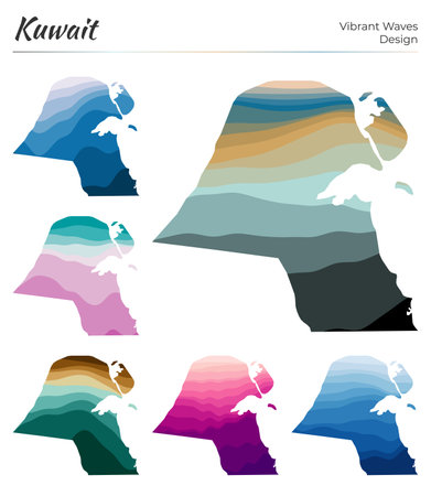Set of vector maps of Kuwait. Vibrant waves design. Bright map of country in geometric smooth curves style. Multicolored Kuwait map for your design. Authentic vector illustration.のイラスト素材