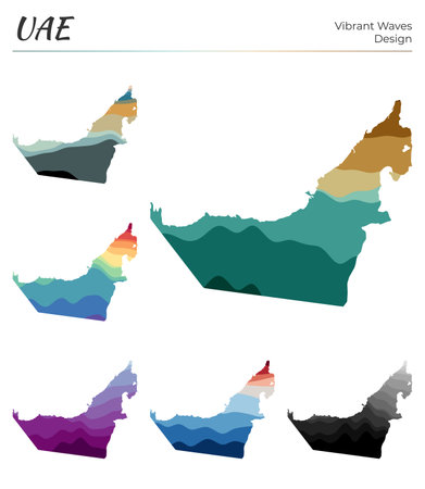 Set of vector maps of UAE. Vibrant waves design. Bright map of country in geometric smooth curves style. Multicolored UAE map for your design. Charming vector illustration.のイラスト素材
