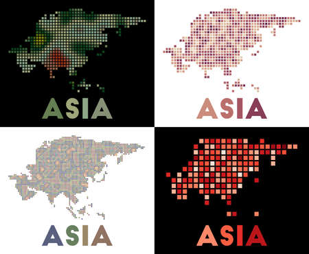 Asia map. Collection of map of Asia in dotted style. Borders of the continent filled with rectangles for your design. Vector illustration.のイラスト素材