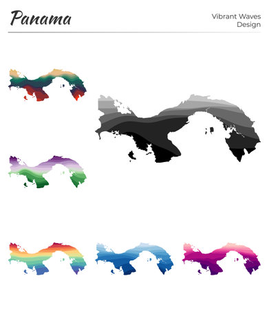 Set of vector maps of Panama. Vibrant waves design. Bright map of country in geometric smooth curves style. Multicolored Panama map for your design. Radiant vector illustration.のイラスト素材