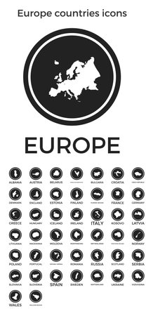 Europe countries icons. Black round circle with continent countries maps and titles. Vector illustration.のイラスト素材