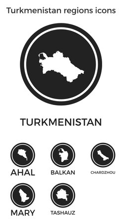 Turkmenistan regions icons. Black round circle with country regions maps and titles. Vector illustration.のイラスト素材