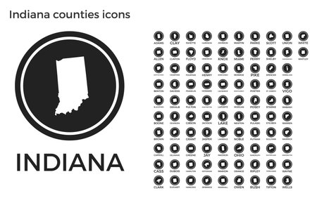 Indiana counties icons. Black round circle with us state counties maps and titles. Vector illustration.のイラスト素材