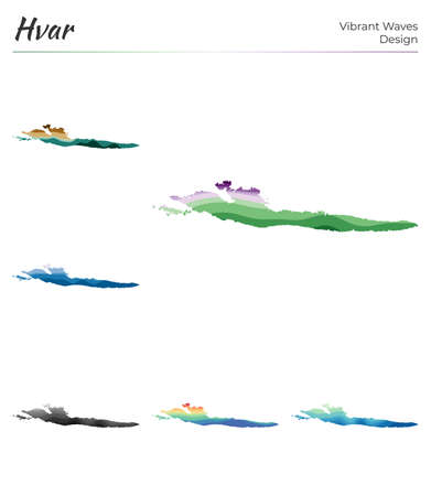 Set of vector maps of Hvar. Vibrant waves design. Bright map of island in geometric smooth curves style. Multicolored Hvar map for your design. Cool vector illustration.のイラスト素材
