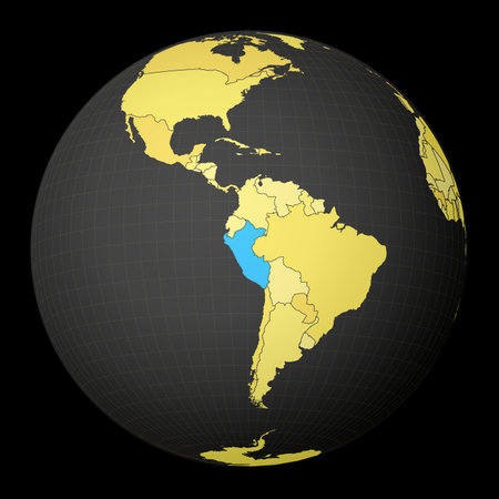Peru on dark globe with yellow world map. Country highlighted with blue color. Satellite world projection centered to Peru. Creative vector illustration.のイラスト素材