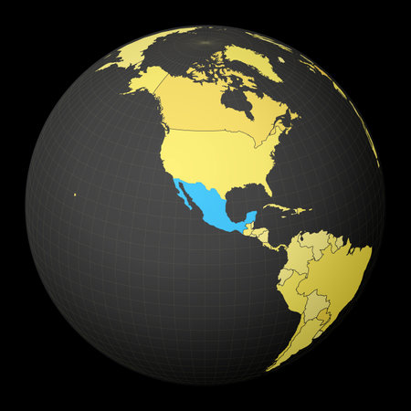 Mexico on dark globe with yellow world map. Country highlighted with blue color. Satellite world projection centered to Mexico. Creative vector illustration.のイラスト素材