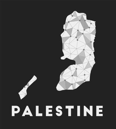Palestine - communication network map of country. Palestine trendy geometric design on dark background. Technology, internet, network, telecommunication concept. Vector illustration.のイラスト素材