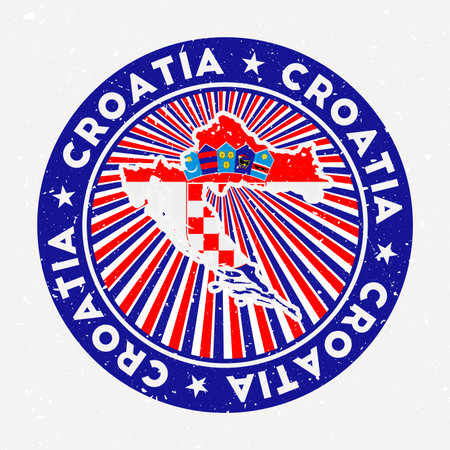 Croatia round stamp. Logo of country with flag. Vintage badge with circular text and stars, vector illustration.のイラスト素材