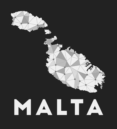 Malta - communication network map of island. Malta trendy geometric design on dark background. Technology, internet, network, telecommunication concept. Vector illustration.のイラスト素材