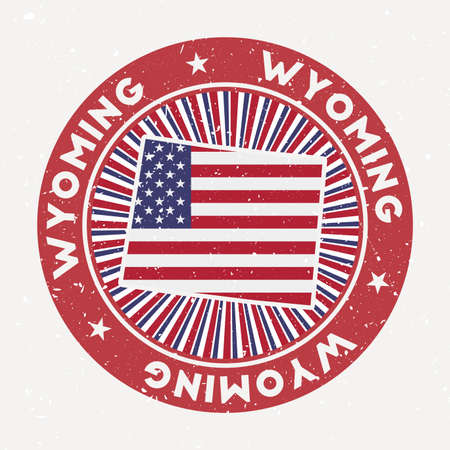 Wyoming round stamp. Logo of us state with flag. Vintage badge with circular text and stars, vector illustration.のイラスト素材