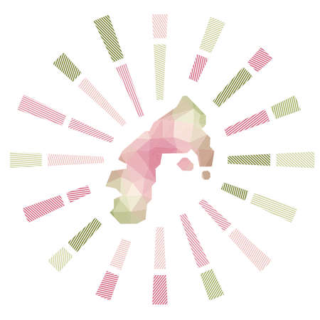 Water Island sunburst. Low poly striped rays and map of the island. Powerful vector illustration.のイラスト素材