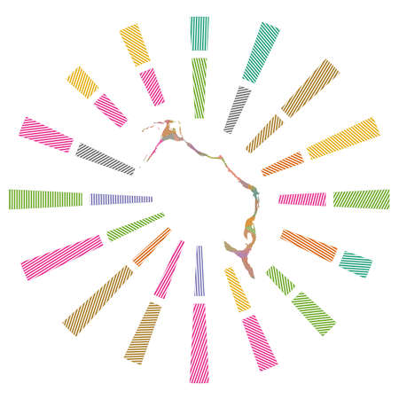 Eleuthera sunburst. Low poly striped rays and map of the island. Cool vector illustration.のイラスト素材