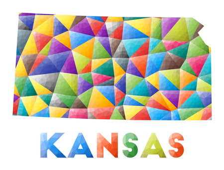 Kansas - colorful low poly us state shape. Multicolor geometric triangles. Modern trendy design. Vector illustration.のイラスト素材