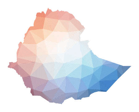Map of Ethiopia. Low poly illustration of the country. Geometric design with stripes. Technology, internet, network concept. Vector illustration.のイラスト素材