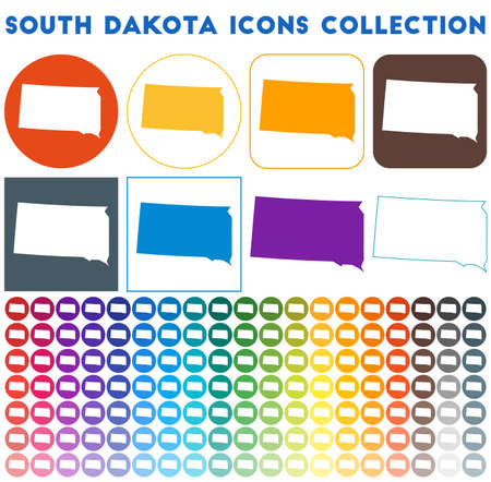 South Dakota icons collection. Bright colourful trendy map icons. Modern South Dakota badge with us state map. Vector illustration.のイラスト素材