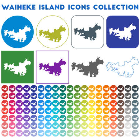 Waiheke Island icons collection. Bright colourful trendy map icons. Modern Waiheke Island badge with island map. Vector illustration.のイラスト素材