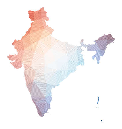 Map of India. Low poly illustration of the country. Geometric design with stripes. Technology, internet, network concept. Vector illustration.のイラスト素材