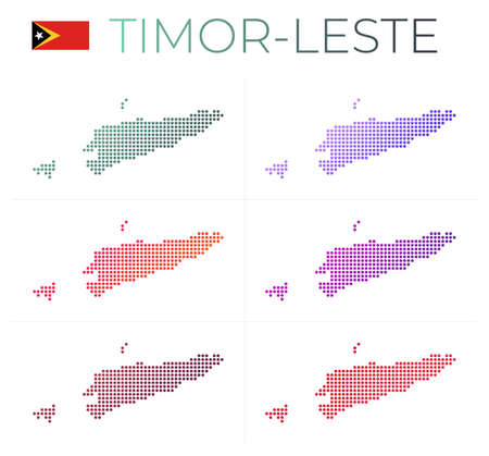 Timor-Leste dotted map set. Map of Timor-Leste in dotted style. Borders of the country filled with beautiful smooth gradient circles. Amazing vector illustration.のイラスト素材