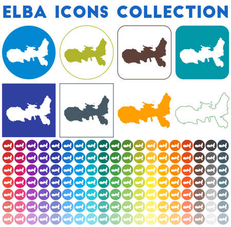 Elba icons collection. Bright colourful trendy map icons. Modern Elba badge with island map. Vector illustration.のイラスト素材