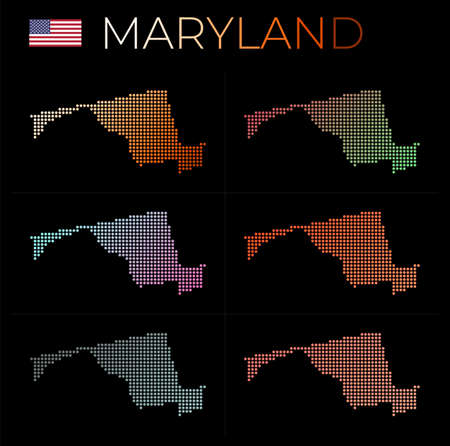 Maryland dotted map set. Map of Maryland in dotted style. Borders of the us state filled with beautiful smooth gradient circles. Elegant vector illustration.のイラスト素材