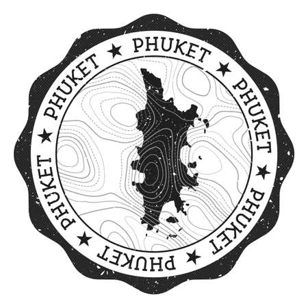 Phuket outdoor stamp. Round sticker with map of island with topographic isolines. Vector illustration. Can be used as insignia, logotype, label, sticker or badge of the Phuket.のイラスト素材
