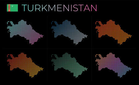 Turkmenistan dotted map set. Map of Turkmenistan in dotted style. Borders of the country filled with beautiful smooth gradient circles. Vibrant vector illustration.のイラスト素材