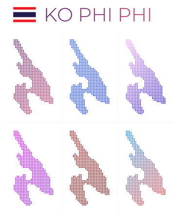 Ko Phi Phi dotted map set. Map of Ko Phi Phi in dotted style. Borders of the island filled with beautiful smooth gradient circles. Trendy vector illustration.のイラスト素材