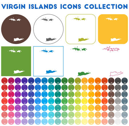 Virgin Islands icons collection. Bright colourful trendy map icons. Modern Virgin Islands badge with island map. Vector illustration.のイラスト素材