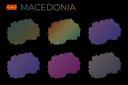 Macedonia dotted map set. Map of Macedonia in dotted style. Borders of the country filled with beautiful smooth gradient circles. Authentic vector illustration.のイラスト素材