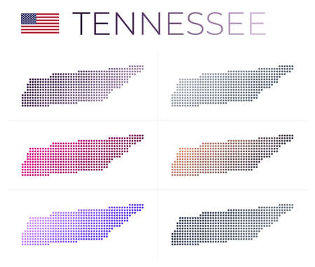 Tennessee dotted map set. Map of Tennessee in dotted style. Borders of the us state filled with beautiful smooth gradient circles. Creative vector illustration.のイラスト素材