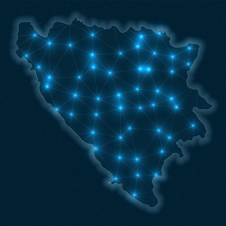 Bosnia network map. Abstract geometric map of the country. Digital connections and telecommunication design. Glowing internet network. Artistic vector illustration.のイラスト素材