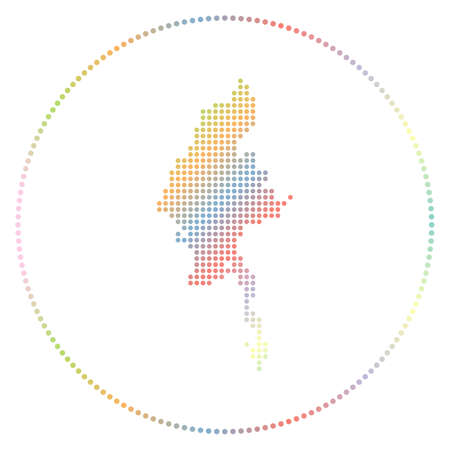 Myanmar digital badge. Dotted style map of Myanmar in circle. Tech icon of the country with gradiented dots. Vibrant vector illustration.のイラスト素材