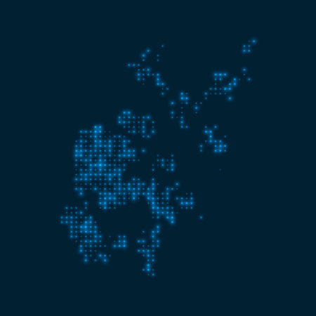 Orkney Islands dotted glowing map. Shape of the island with blue bright bulbs. Vector illustration.のイラスト素材