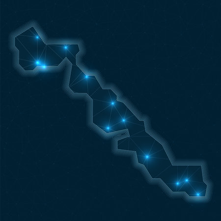 Musha Cay network map. Abstract geometric map of the island. Digital connections and telecommunication design. Glowing internet network. Vibrant vector illustration.のイラスト素材