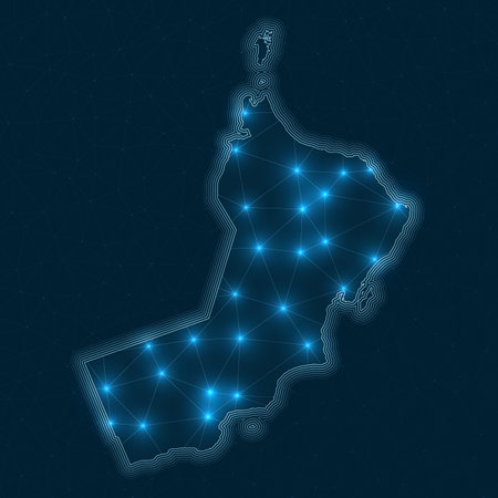 Oman network map. Abstract geometric map of the country. Digital connections and telecommunication design. Glowing internet network. Neat vector illustration.のイラスト素材