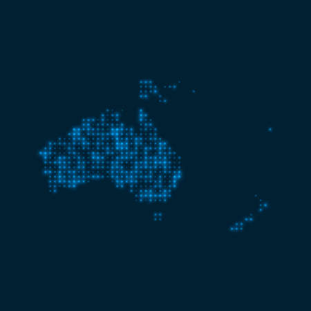 Oceania dotted glowing map. Shape of the continent with blue bright bulbs. Vector illustration.のイラスト素材