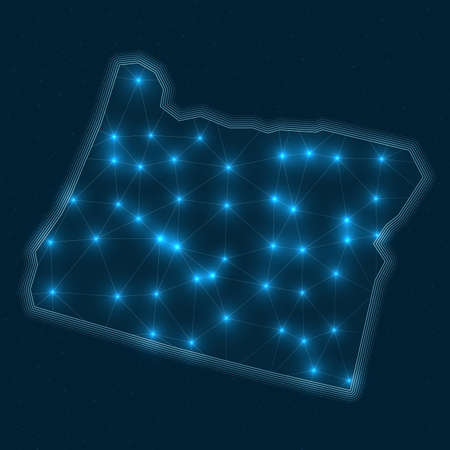 Oregon network map. Abstract geometric map of the us state. Digital connections and telecommunication design. Glowing internet network. Powerful vector illustration.のイラスト素材