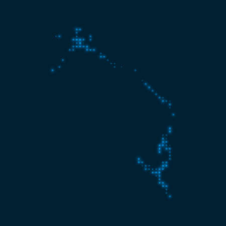 Eleuthera dotted glowing map. Shape of the island with blue bright bulbs. Vector illustration.のイラスト素材
