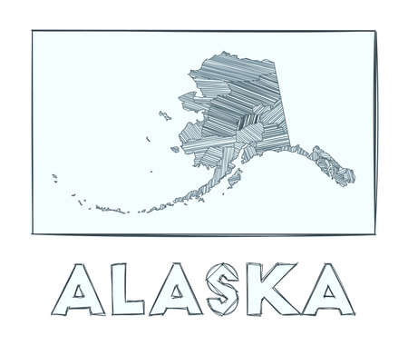 Sketch map of Alaska. Grayscale hand drawn map of the us state. Filled regions with hachure stripes. Vector illustration.のイラスト素材
