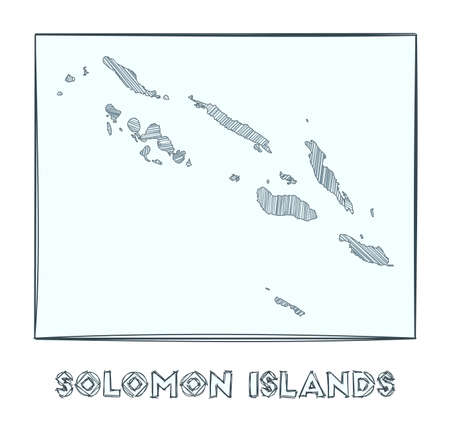 Sketch map of Solomon Islands. Grayscale hand drawn map of the country. Filled regions with hachure stripes. Vector illustration.のイラスト素材