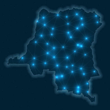 DR Congo network map. Abstract geometric map of the country. Digital connections and telecommunication design. Glowing internet network. Radiant vector illustration.のイラスト素材