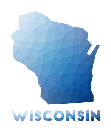 Low poly map of Wisconsin. Geometric illustration of the us state. Wisconsin polygonal map. Technology, internet, network concept. Vector illustration.のイラスト素材