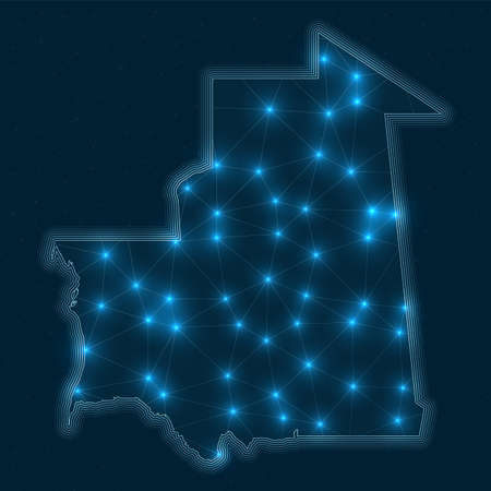 Mauritania network map. Abstract geometric map of the country. Digital connections and telecommunication design. Glowing internet network. Astonishing vector illustration.のイラスト素材