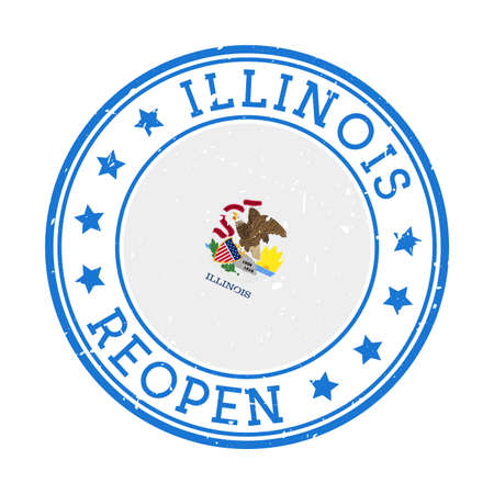 Illinois Reopening Stamp. Round badge of US State with flag of Illinois. Reopening after lock-down sign. Vector illustration.のイラスト素材